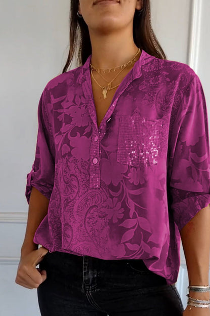 Blusas de cuello mandarín con bolsillos florales en contraste (10 colores)