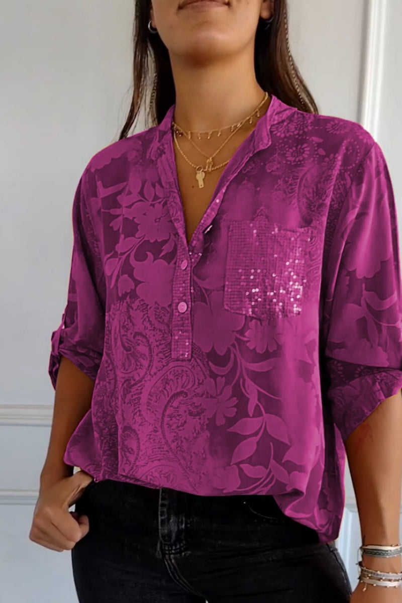 Blusas de cuello mandarín con bolsillos florales en contraste (10 colores)