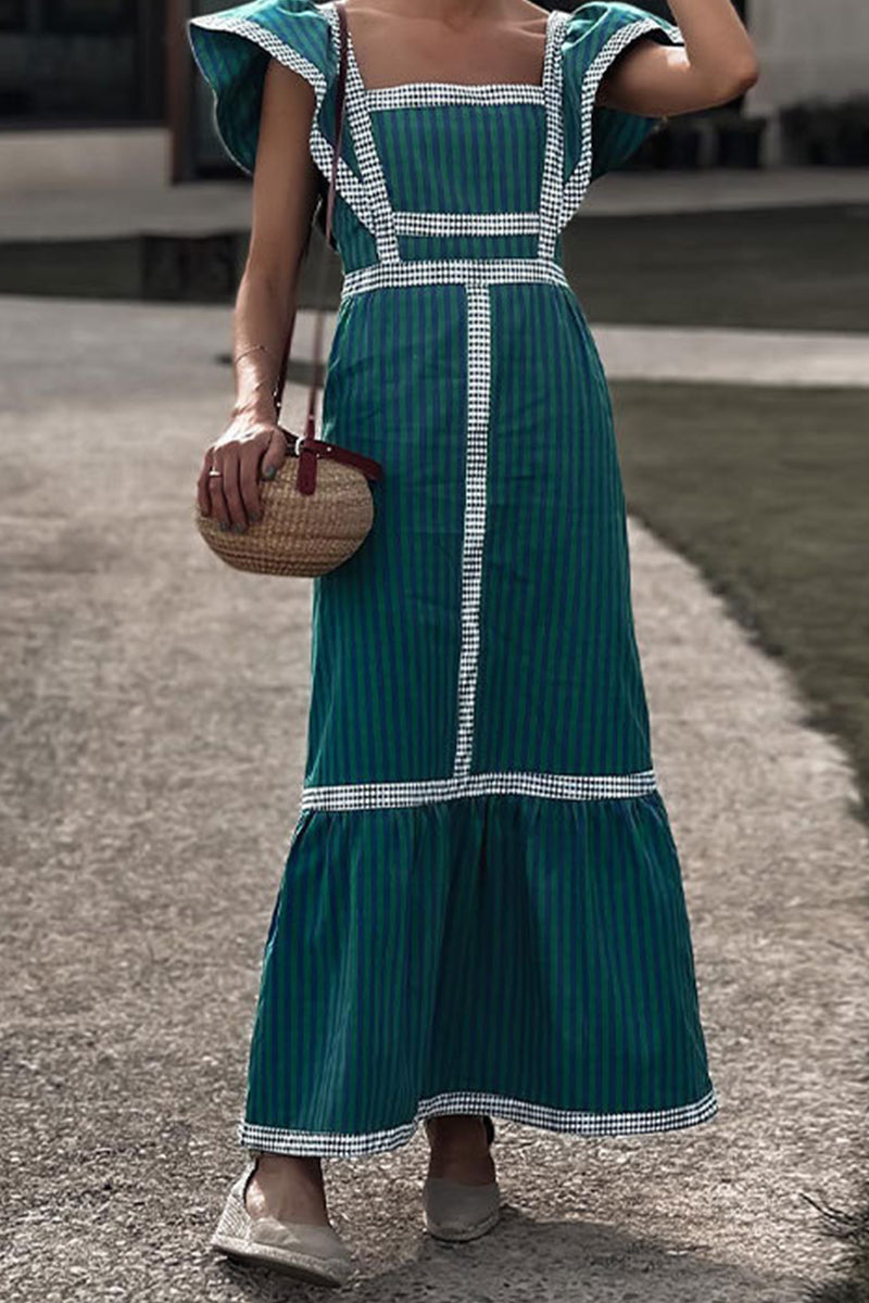 Vestido informal elegante de cuadros con volantes y cuello cuadrado, corte A (3 colores)
