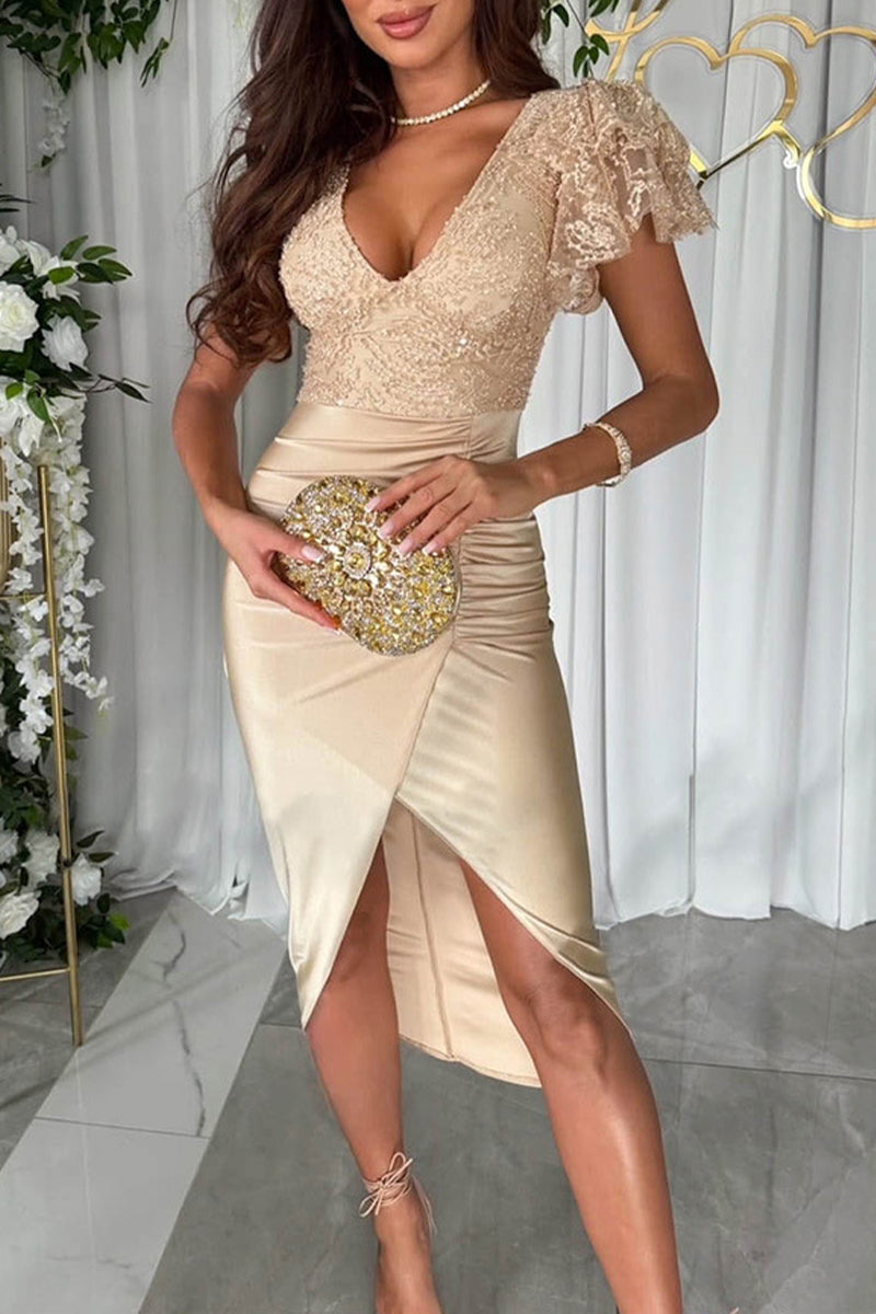 Vestidos elegantes de celebridades con lentejuelas sólidas y cuello en V doblado con falda cruzada