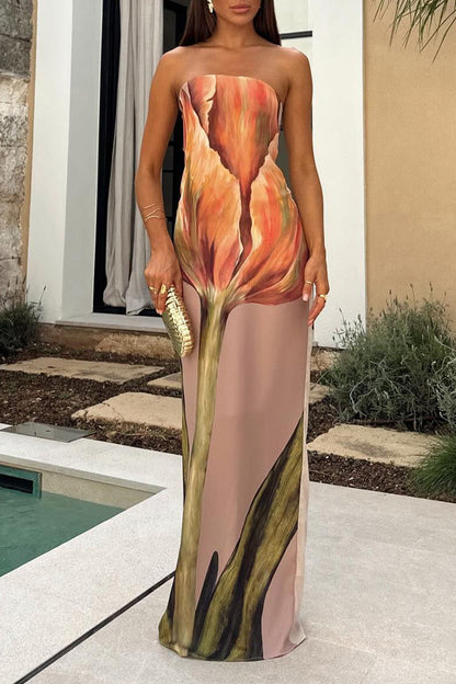 Vestidos casuales con estampado de flores, aberturas, cremallera, sin tirantes, falda de un solo paso