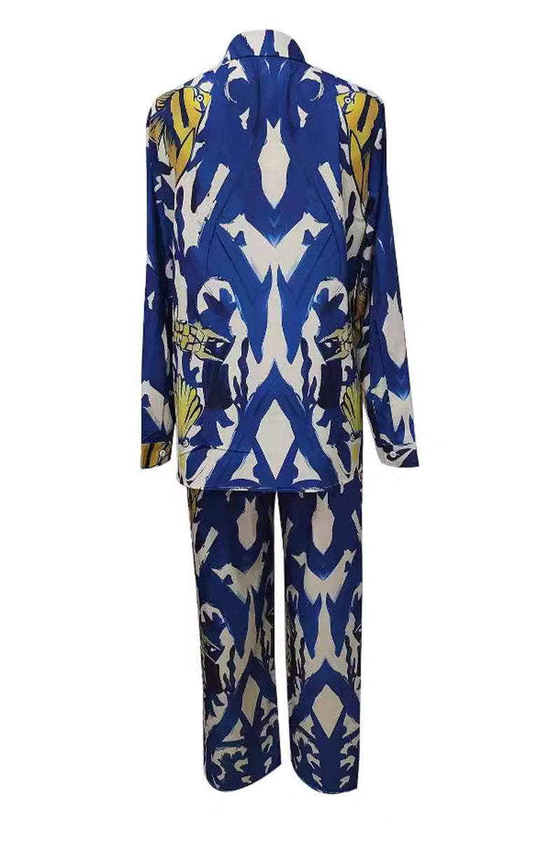 Conjunto informal de dos piezas con estampado geométrico sin posicionamiento, bolsillo, cuello vuelto, manga larga