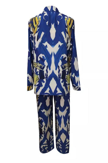 Conjunto informal de dos piezas con estampado geométrico sin posicionamiento, bolsillo, cuello vuelto, manga larga