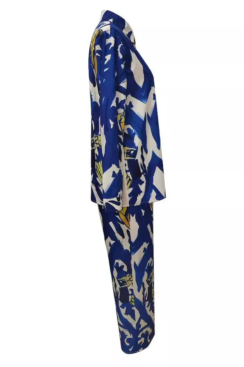 Conjunto informal de dos piezas con estampado geométrico sin posicionamiento, bolsillo, cuello vuelto, manga larga