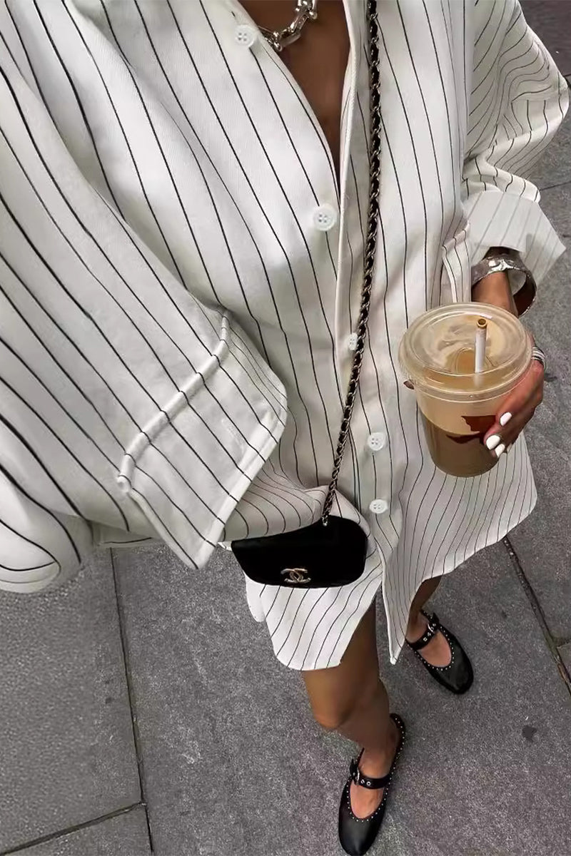 Blusas casuales con cuello vuelto, bolsillos y estampado de rayas