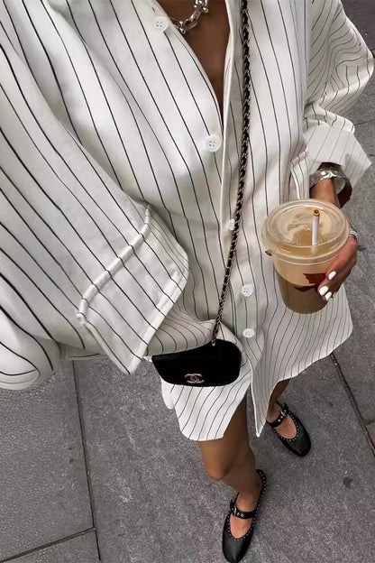 Blusas casuales con cuello vuelto, bolsillos y estampado de rayas