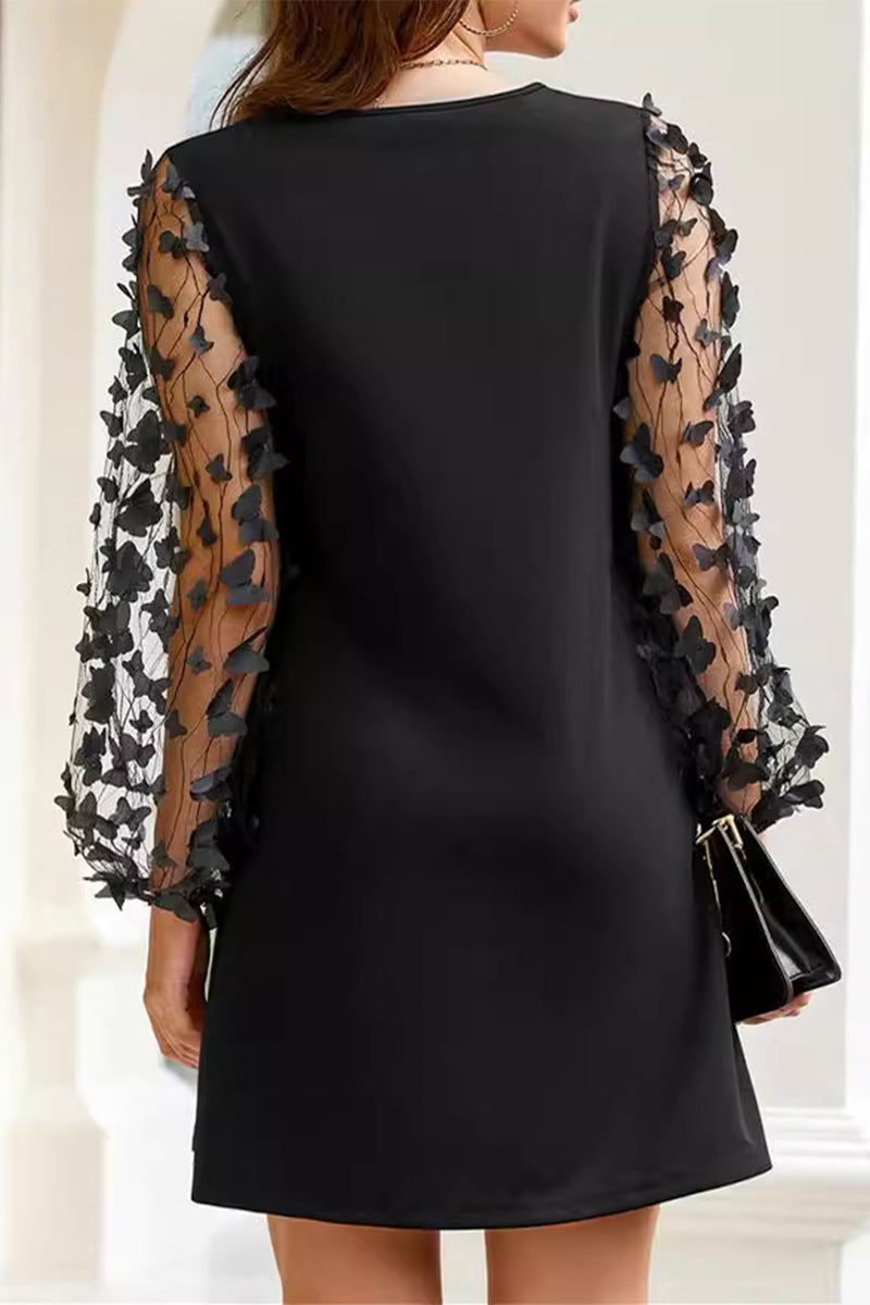 Elegantes vestidos de manga larga con cuello redondo y estampado de mariposas de color liso