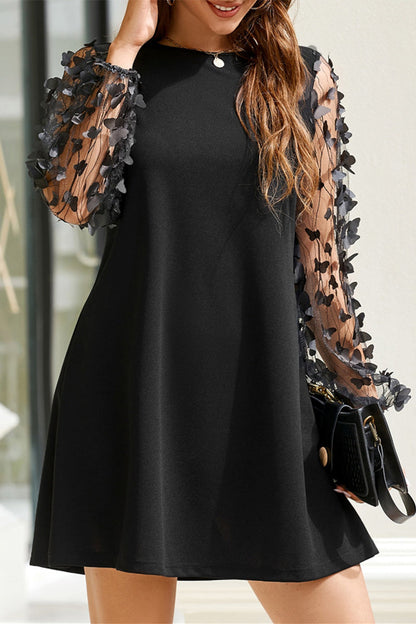 Elegantes vestidos de manga larga con cuello redondo y estampado de mariposas de color liso