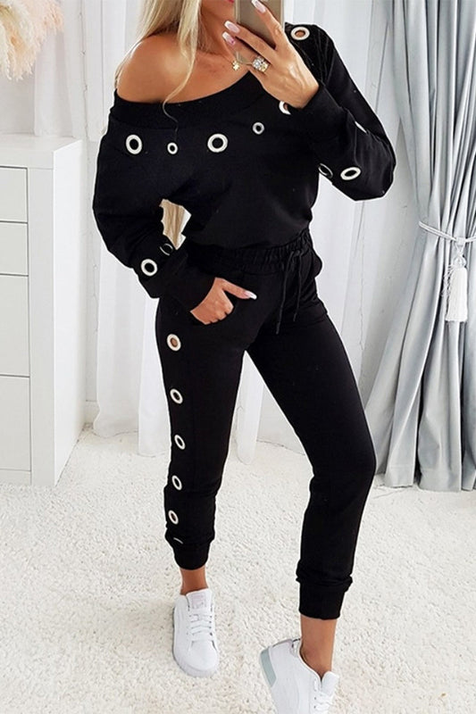 Conjunto informal de dos piezas con bolsillos sólidos y accesorios metálicos decorativos, cuello oblicuo y manga larga