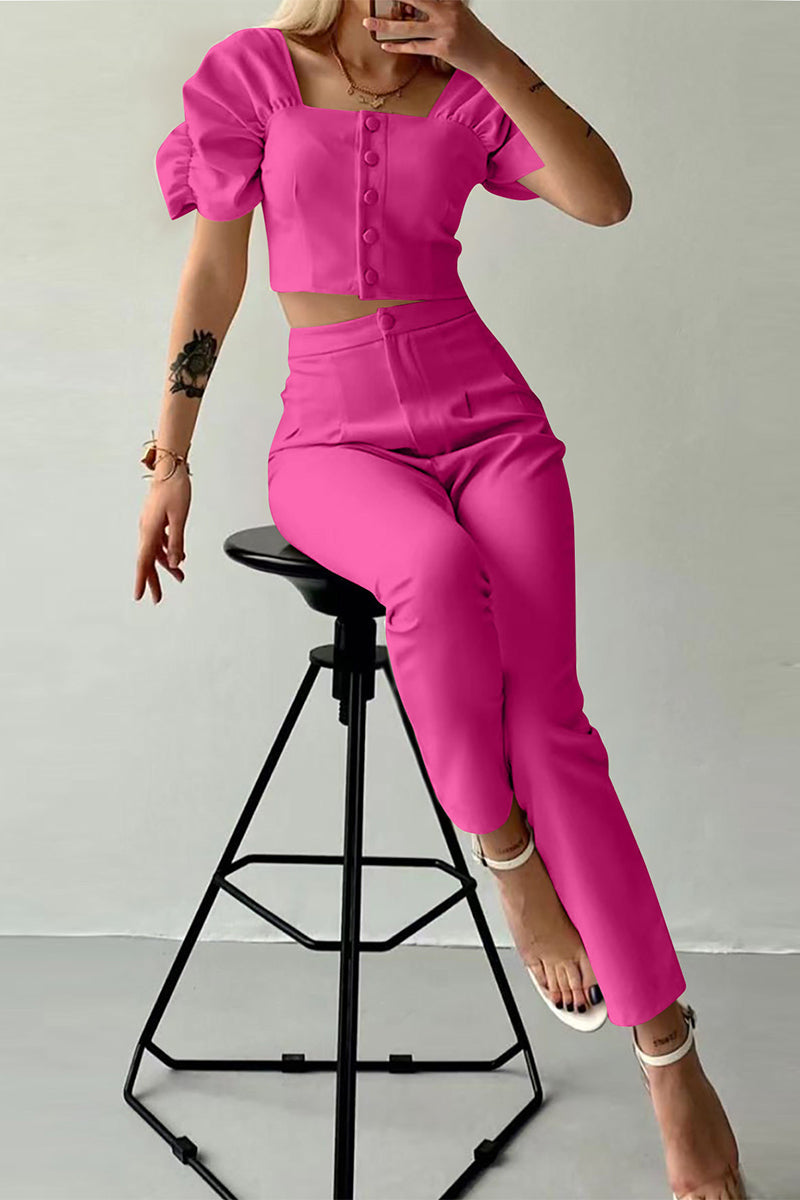 Conjunto informal de dos piezas con botones lisos, cuello cuadrado, manga corta (7 colores)