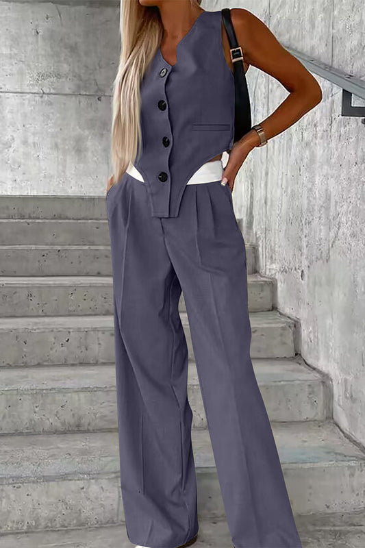 Conjunto informal de dos piezas estilo británico con botones lisos, cuello en V asimétrico, sin mangas (8 colores)