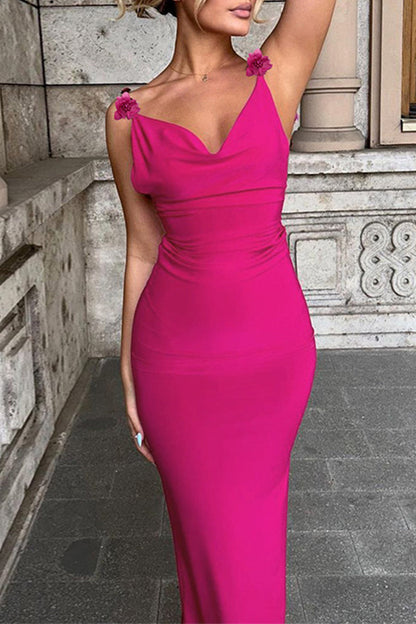 Vestidos sexis de flores lisas con escote en U y falda de un solo paso