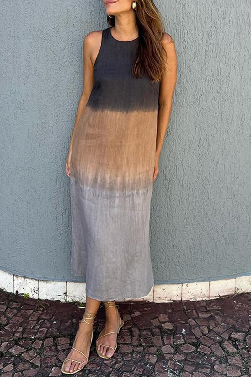 Vestidos largos casuales con abertura en el escote redondo y degradado (8 colores)