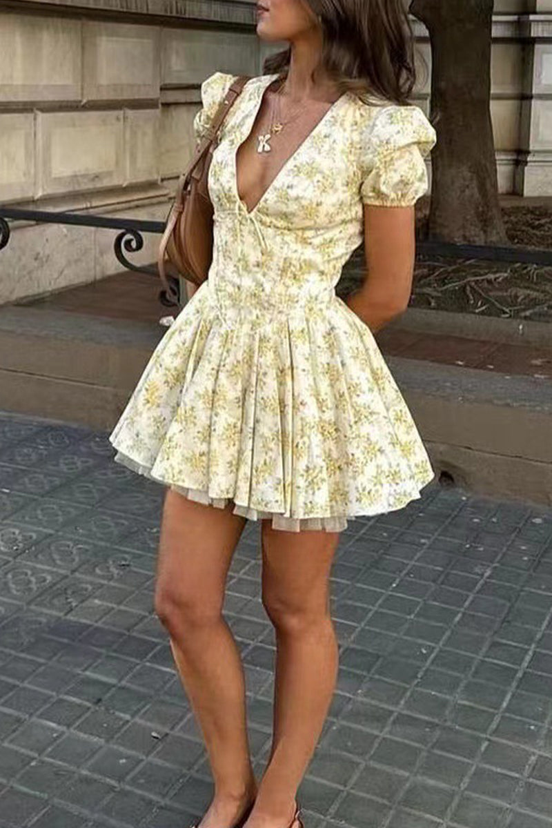 Vestidos elegantes y dulces con estampado de flores y escote en V tipo A
