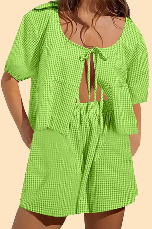 Conjunto informal de dos piezas con cuello en U, manga corta y bolsillo a cuadros (6 colores)