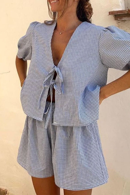 Conjunto informal de dos piezas con cuello en U, manga corta y bolsillo a cuadros (6 colores)