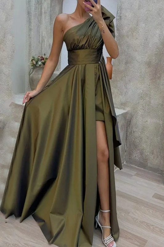 Vestidos largos casuales de cuello oblicuo con abertura y patchwork sólido