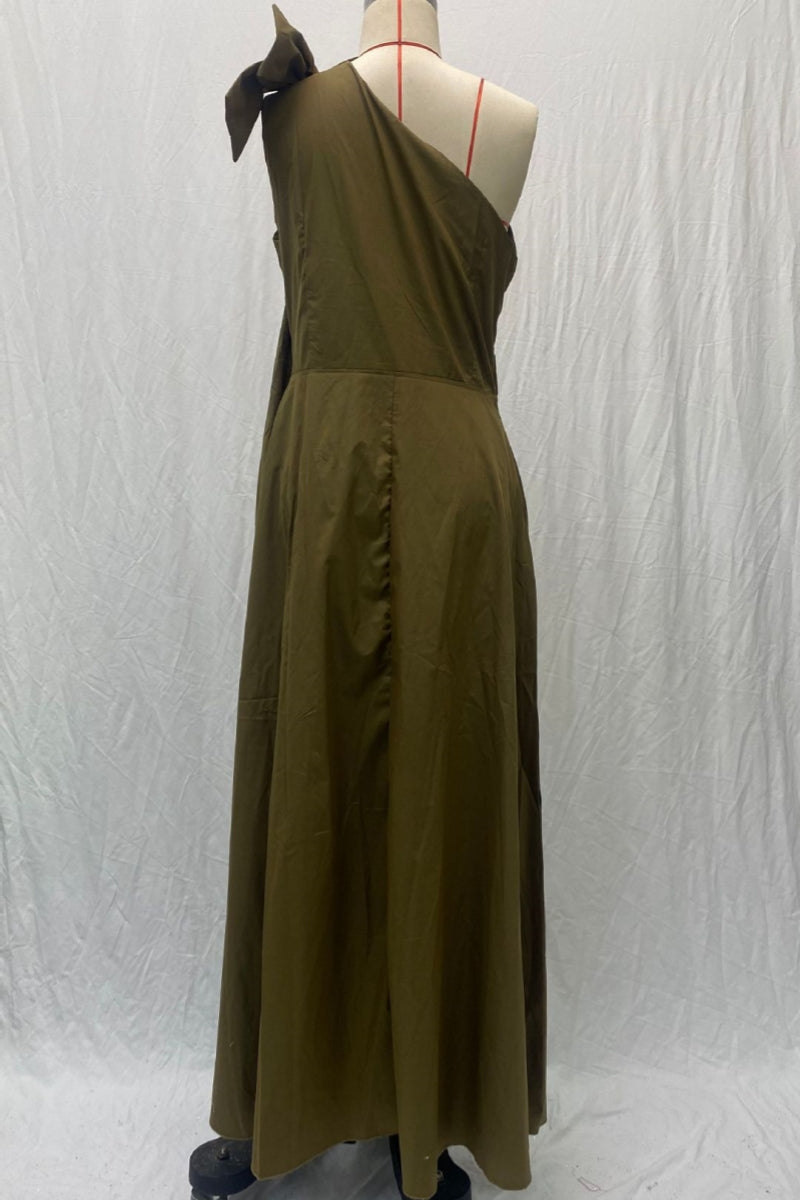 Vestidos largos casuales de cuello oblicuo con abertura y patchwork sólido