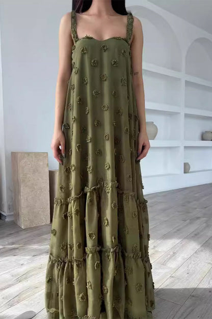 Elegante vestido de tirantes con cuello cuadrado y flores lisas (4 colores)