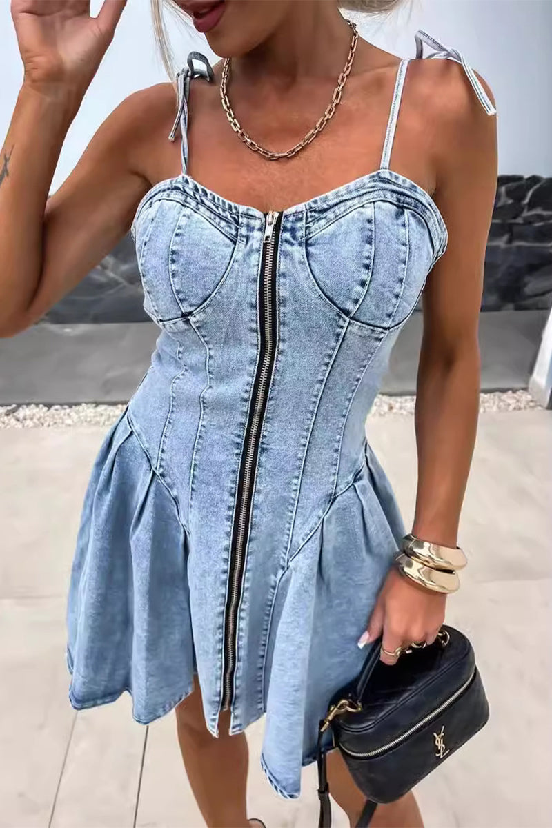 Vestidos casuales de mezclilla regular con cuello en V, sin mangas y cremallera, de color sólido