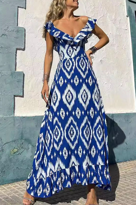 Vestidos sexis de corte A con escote en V y volantes con estampado geométrico