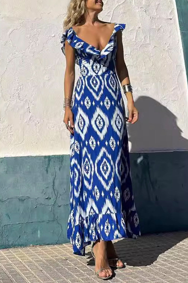 Vestidos sexis de corte A con escote en V y volantes con estampado geométrico