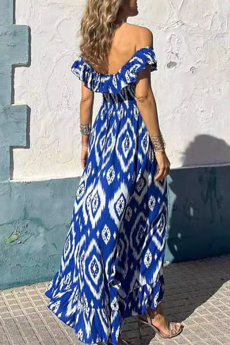 Vestidos sexis de corte A con escote en V y volantes con estampado geométrico