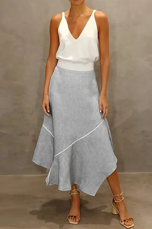 Conjunto de dos piezas informal, sencillo, liso, asimétrico, con escote en V y sin mangas