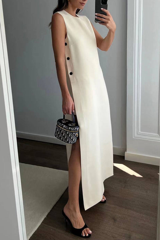 Vestidos casuales sin mangas con cuello redondo y botones sólidos