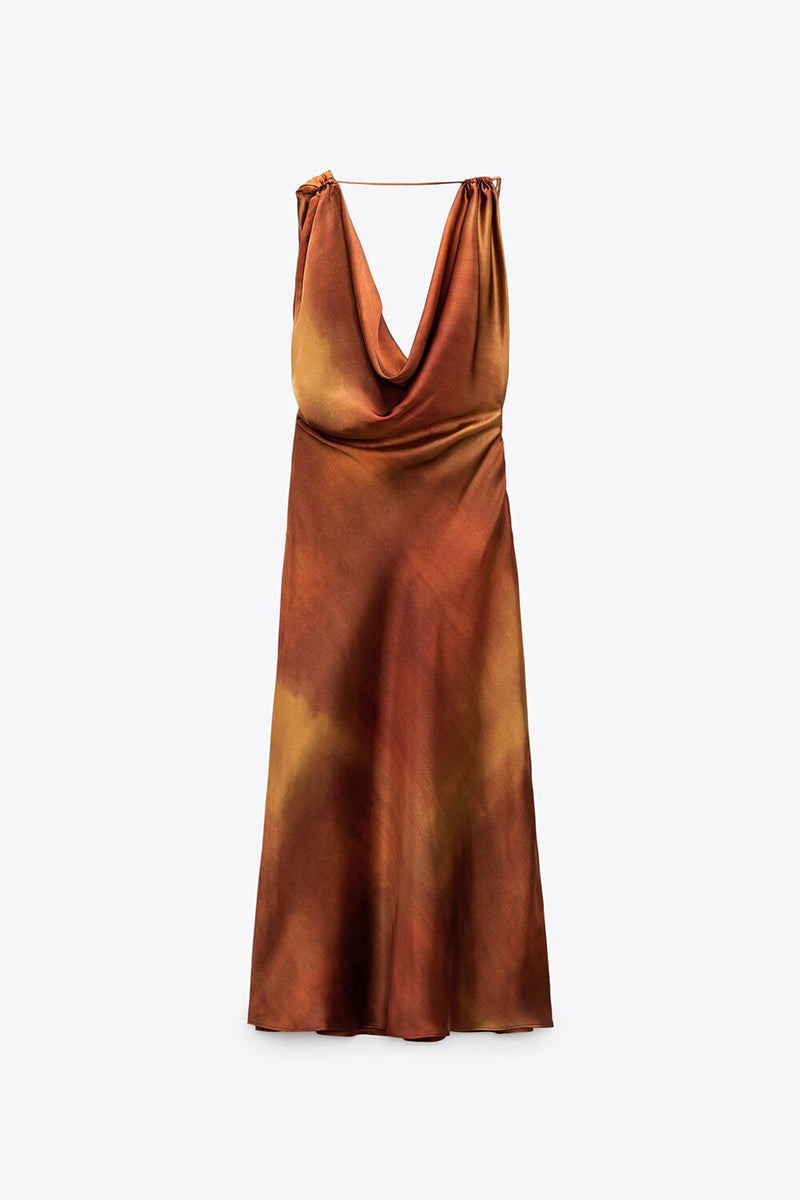 Vestidos sexis de falda de un solo paso con cuello bufanda y estampado degradado en contraste