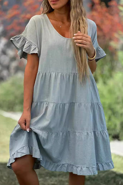 Vestido informal sencillo de manga corta con volantes, cuello redondo y corte A (3 colores)