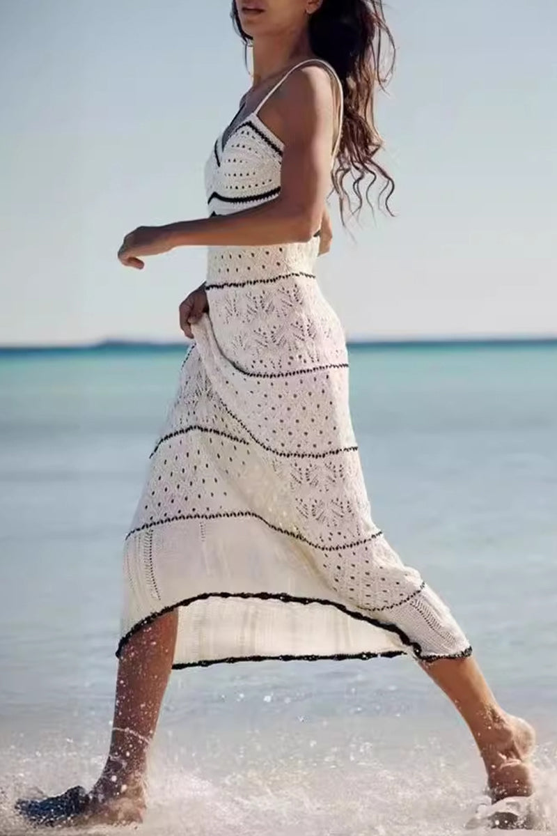 Vestido sexy de una sola pieza con escote en V y tejido en contraste, con aberturas y falda de un solo paso