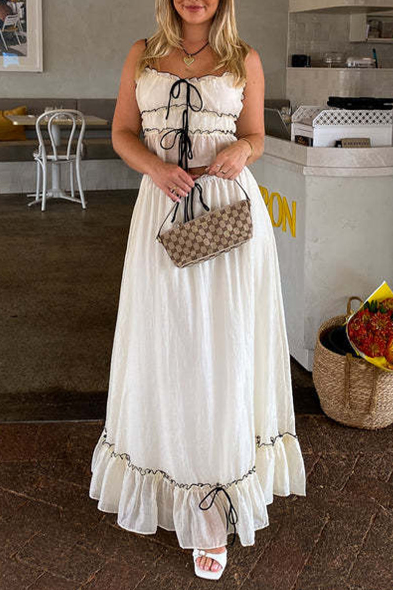 Conjunto de dos piezas sin mangas, elegante y dulce, con escote en U y lazo, color liso