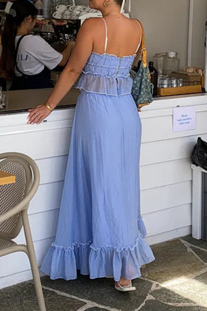 Conjunto de dos piezas sin mangas, elegante y dulce, con escote en U y lazo, color liso