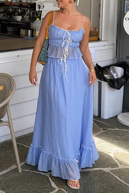 Conjunto de dos piezas sin mangas, elegante y dulce, con escote en U y lazo, color liso