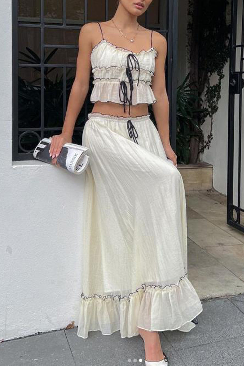 Conjunto de dos piezas sin mangas, elegante y dulce, con escote en U y lazo, color liso