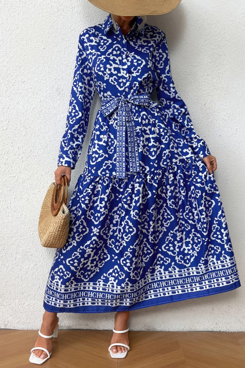 Vestidos casuales de manga larga con cuello camisero y estampado de patchwork