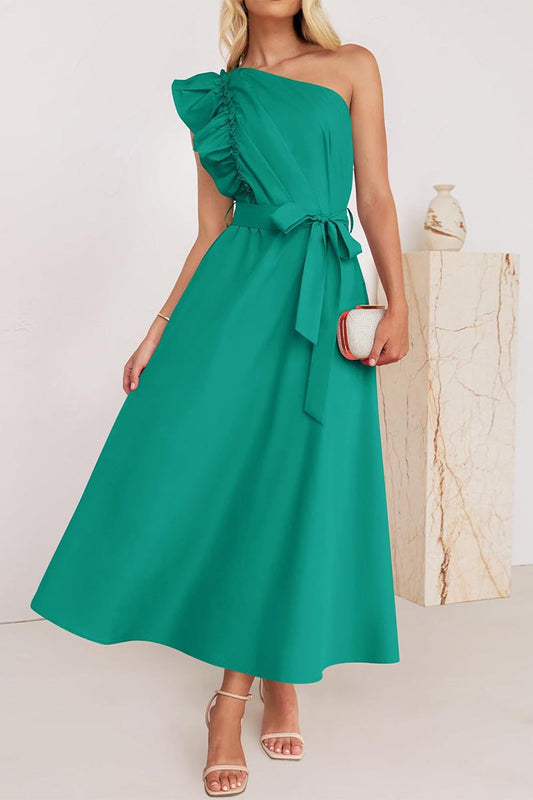 Vestidos elegantes de corte A con cuello oblicuo, banda elástica y orillo de hilo (5 colores)