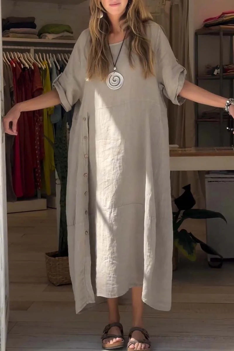 Vestido informal sencillo de manga corta con cuello redondo y botones lisos (6 colores)
