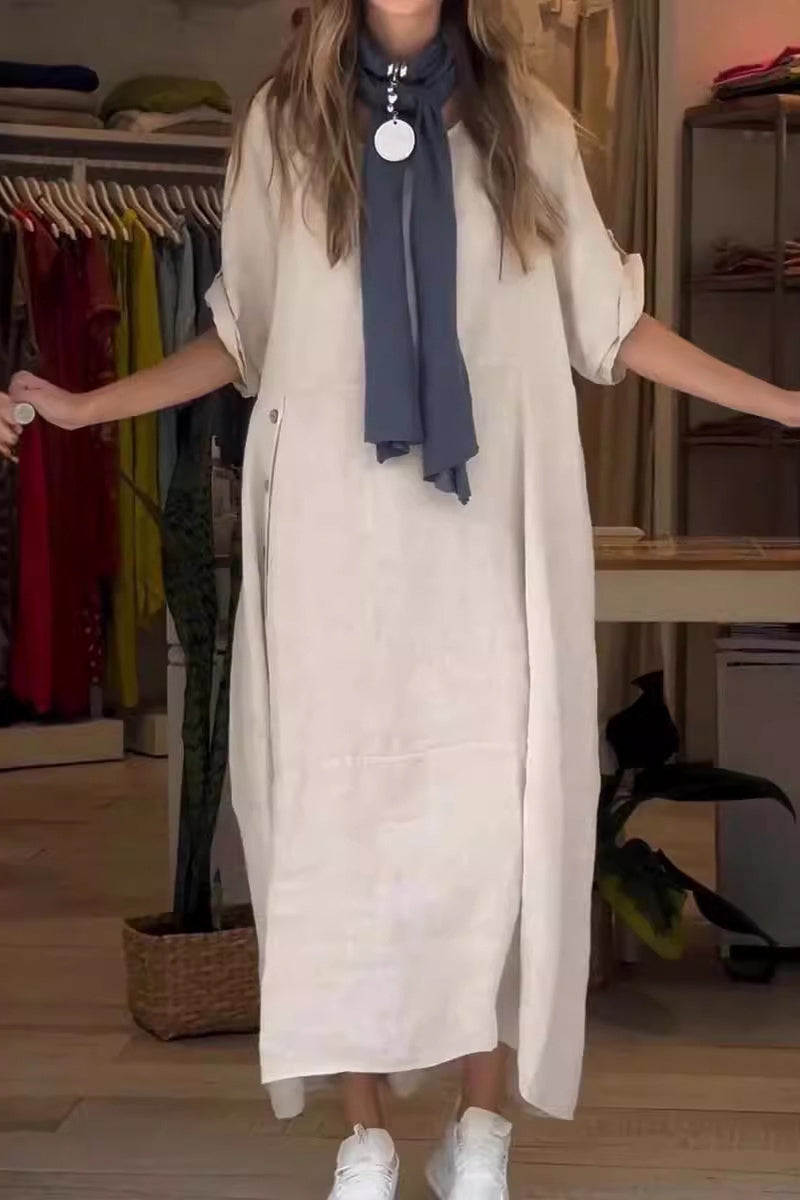 Vestido informal sencillo de manga corta con cuello redondo y botones lisos (6 colores)