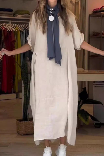 Vestido informal sencillo de manga corta con cuello redondo y botones lisos (6 colores)