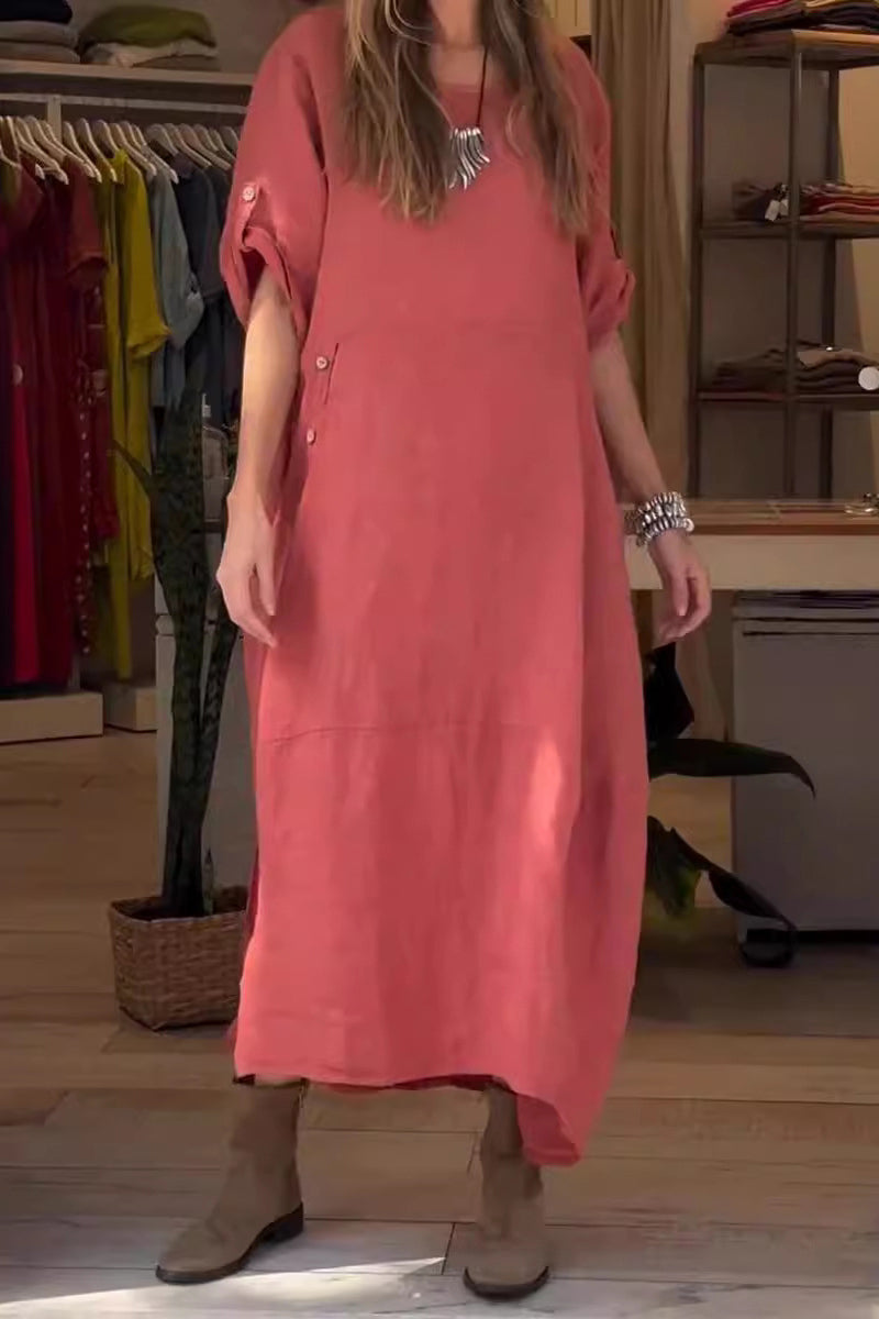 Vestido informal sencillo de manga corta con cuello redondo y botones lisos (6 colores)