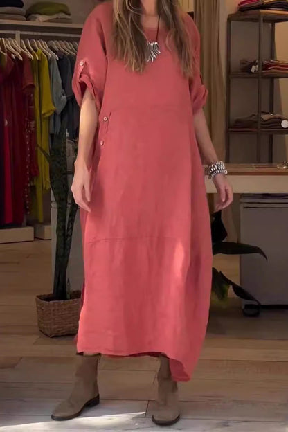 Vestido informal sencillo de manga corta con cuello redondo y botones lisos (6 colores)