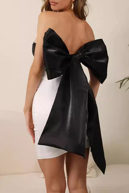 Vestidos sexys de falda cruzada sin tirantes, de color sólido y con lazo en contraste