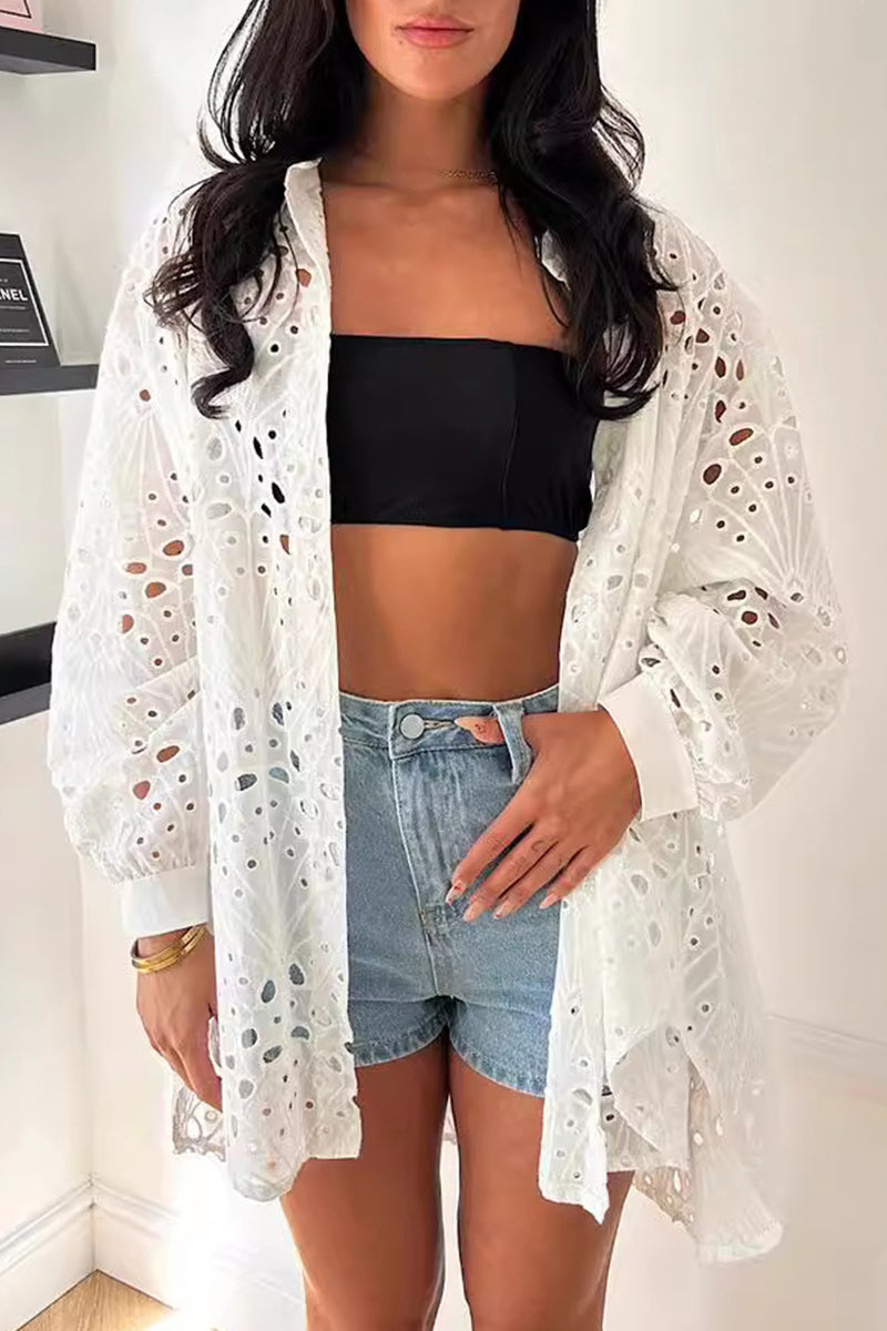 Blusas casuales lisas con cuello vuelto y aberturas