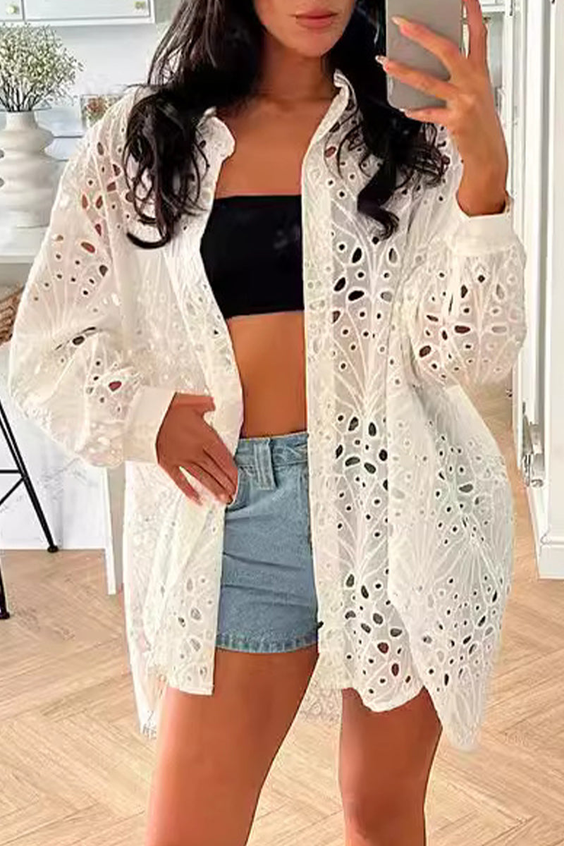 Blusas casuales lisas con cuello vuelto y aberturas