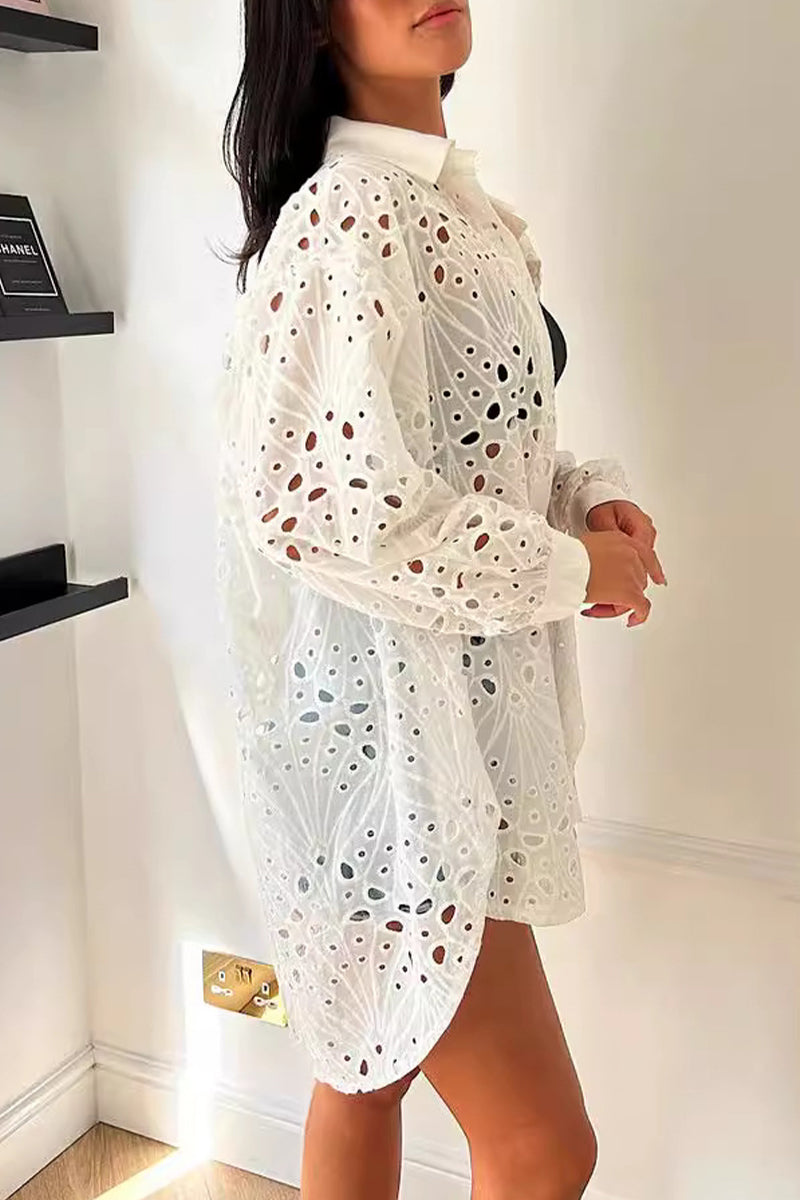 Blusas casuales lisas con cuello vuelto y aberturas
