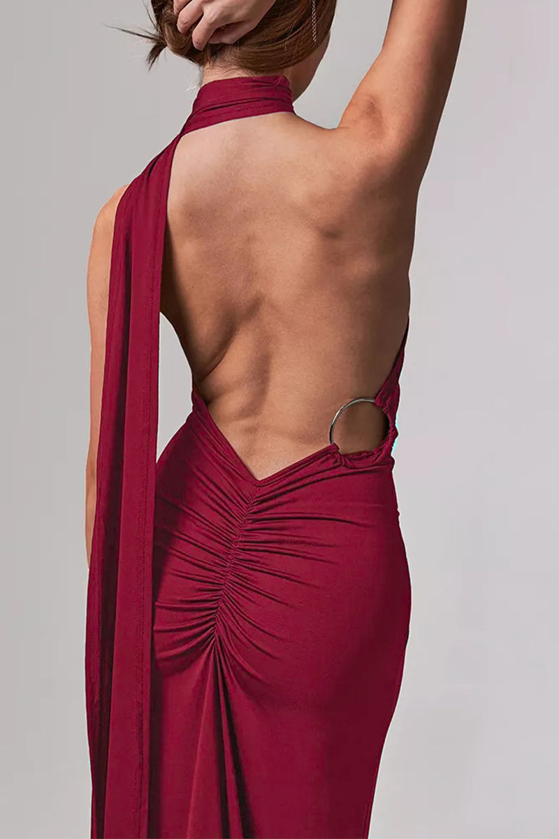 Vestidos irregulares sexis con cuello de bufanda, espalda descubierta y pliegues (4 colores)