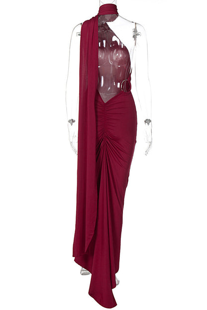 Vestidos irregulares sexis con cuello de bufanda, espalda descubierta y pliegues (4 colores)