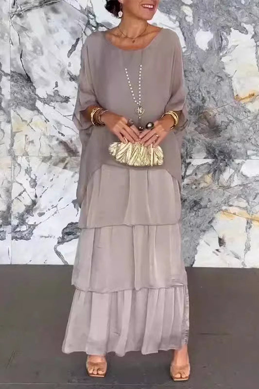 Elegantes vestidos irregulares con cuello redondo y volantes en contraste liso